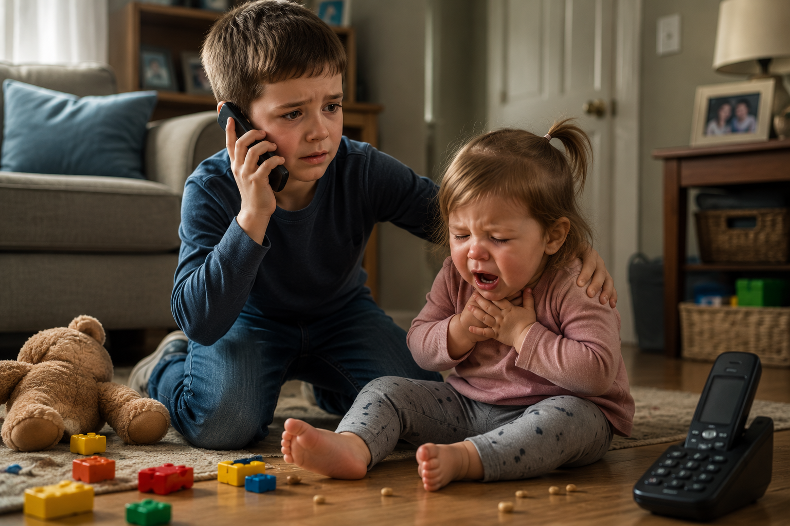 Child safety story of a seven-year-old boy helping his little sister during an emergency