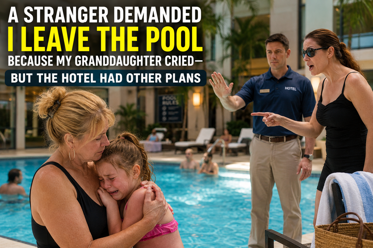 Grandmother comforting her crying granddaughter beside a hotel swimming pool while hotel staff offers support.