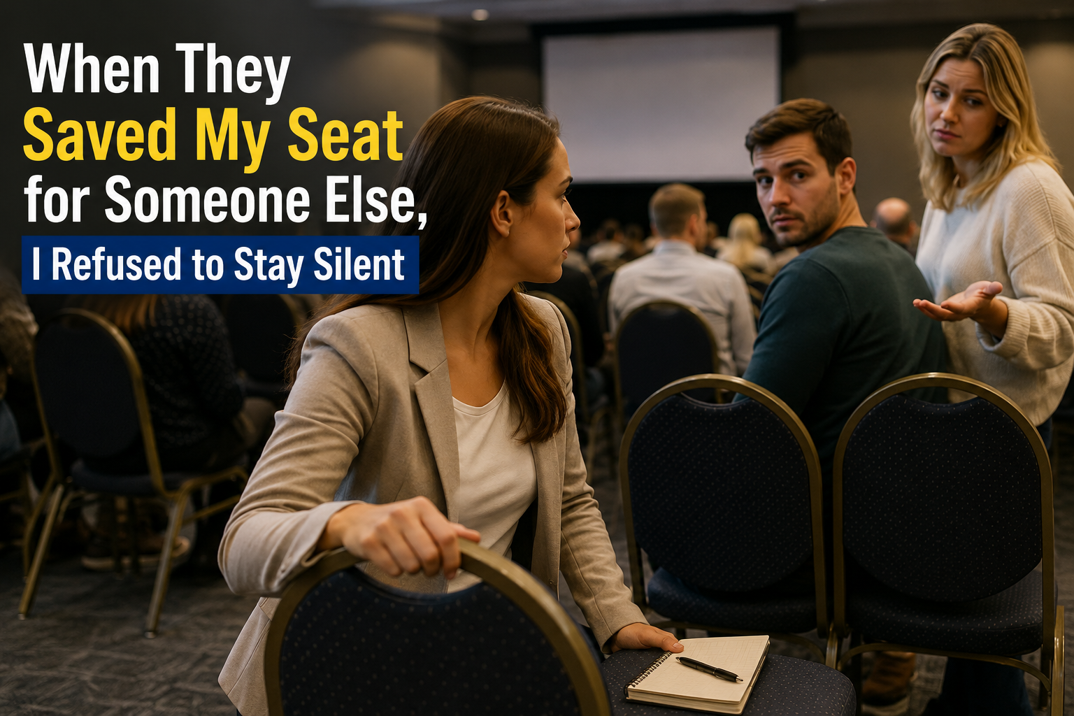 Woman calmly confronting strangers after they saved her conference seat for someone else.