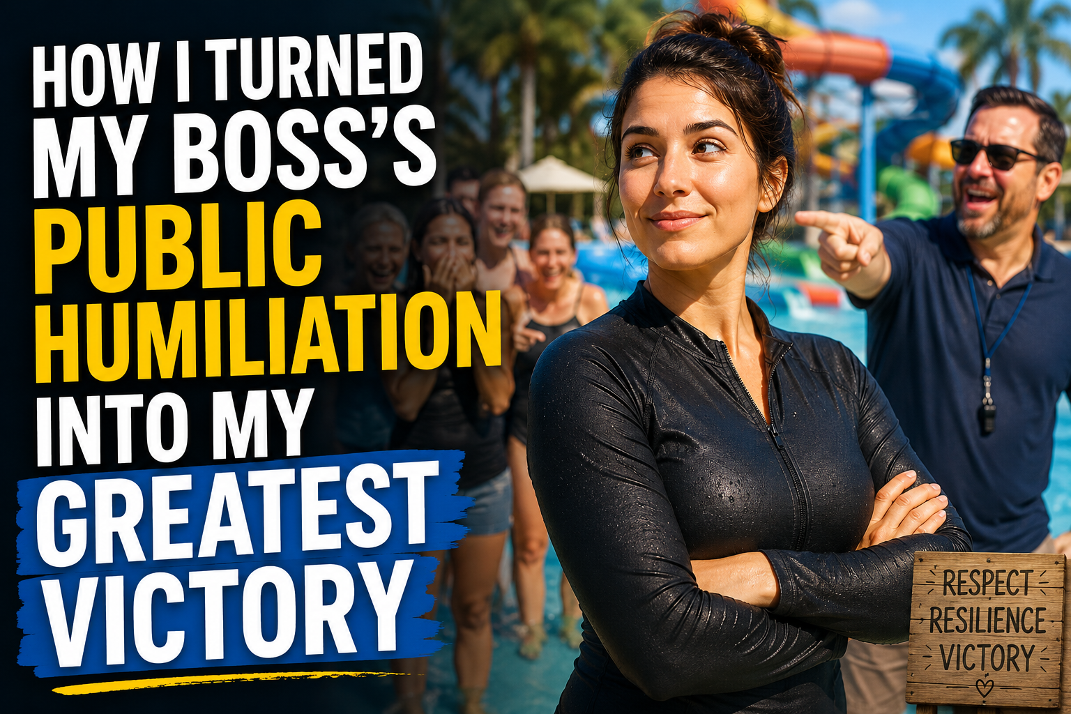 A confident employee stands tall at a company water park event after overcoming public humiliation by a boss, symbolizing resilience, workplace confidence, and personal victory.