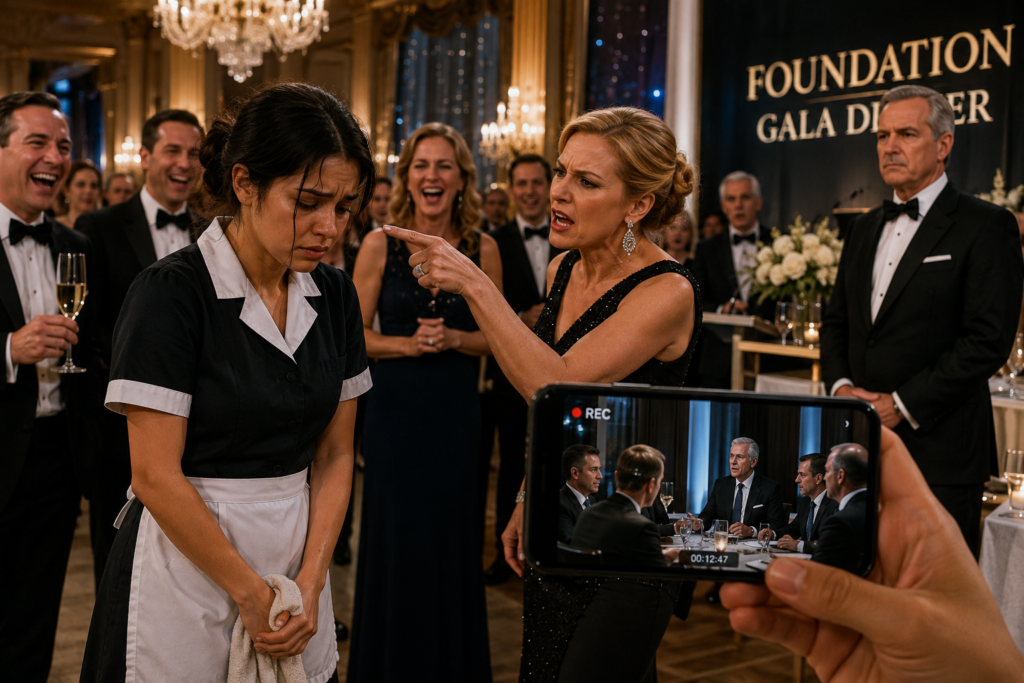 A humiliated maid holding hidden evidence as wealthy guests watch during a billionaire's luxury banquet where a shocking secret is about to be revealed.