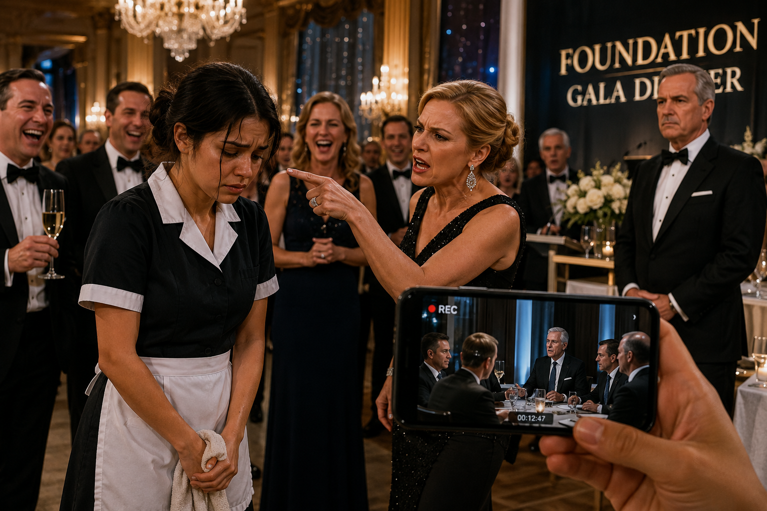 A humiliated maid holding hidden evidence as wealthy guests watch during a billionaire's luxury banquet where a shocking secret is about to be revealed.