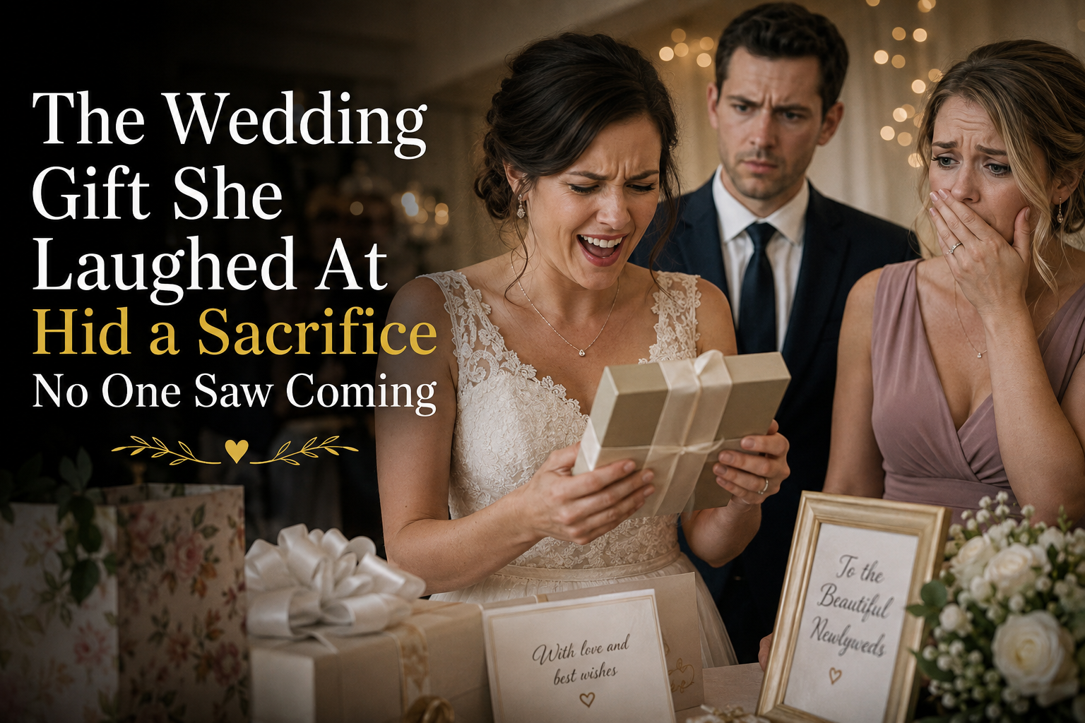 Bride opening a modest wedding gift while realizing the hidden sacrifice behind her best friend's thoughtful present.