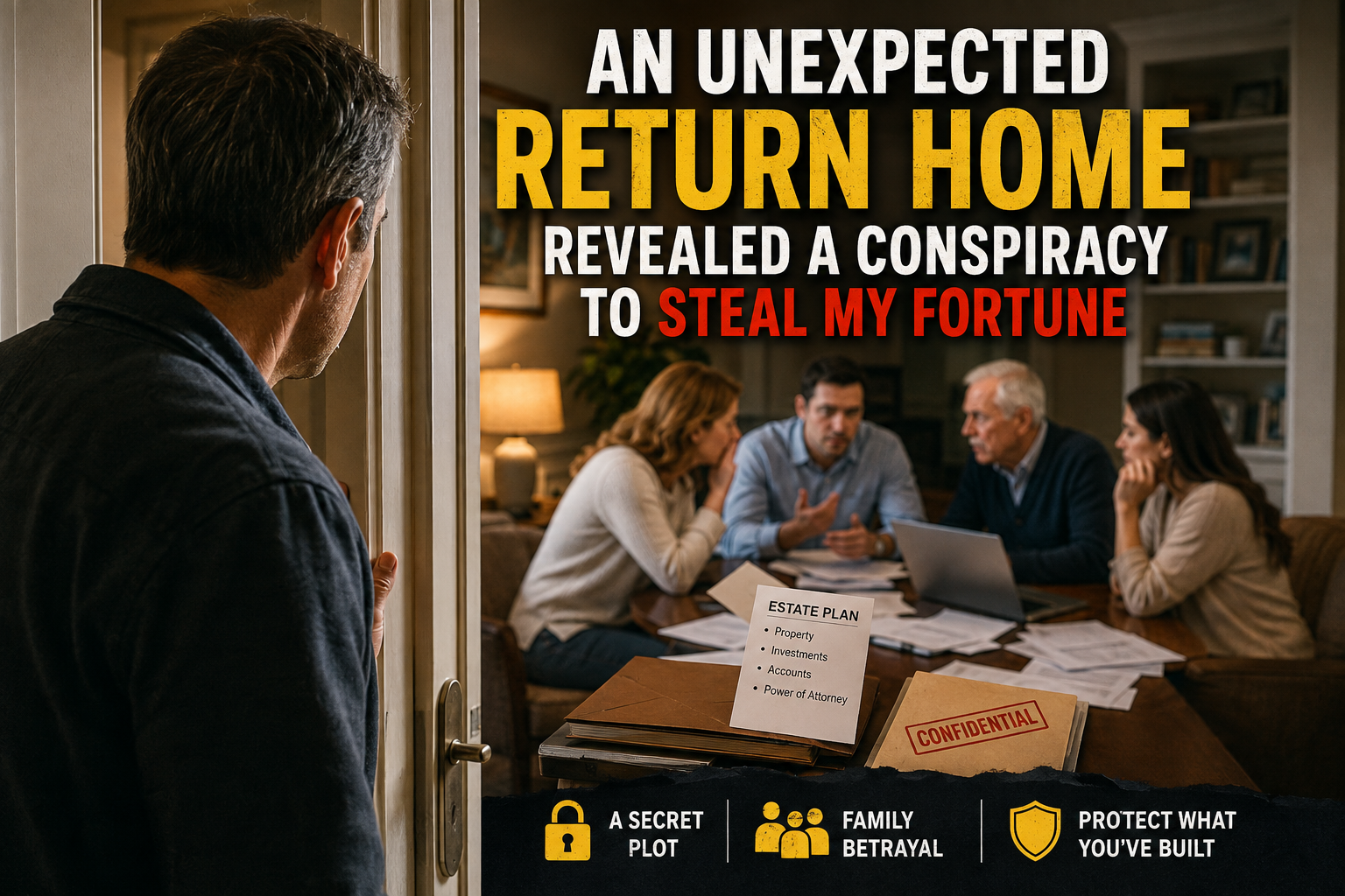 A homeowner standing in the doorway after returning home unexpectedly and discovering a shocking family conspiracy involving financial betrayal.
