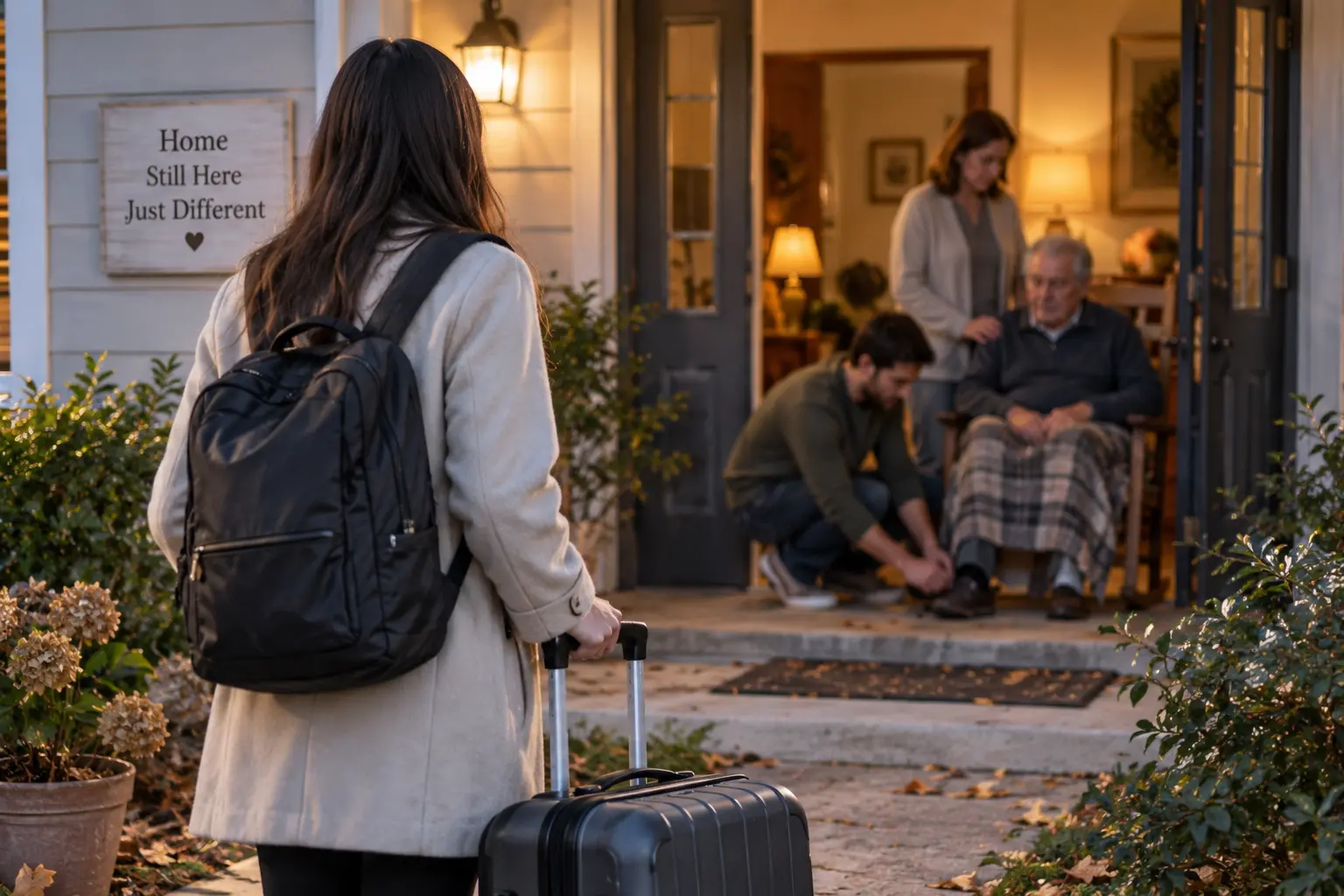 Adult daughter hugging her parents on a front porch during a homecoming visit